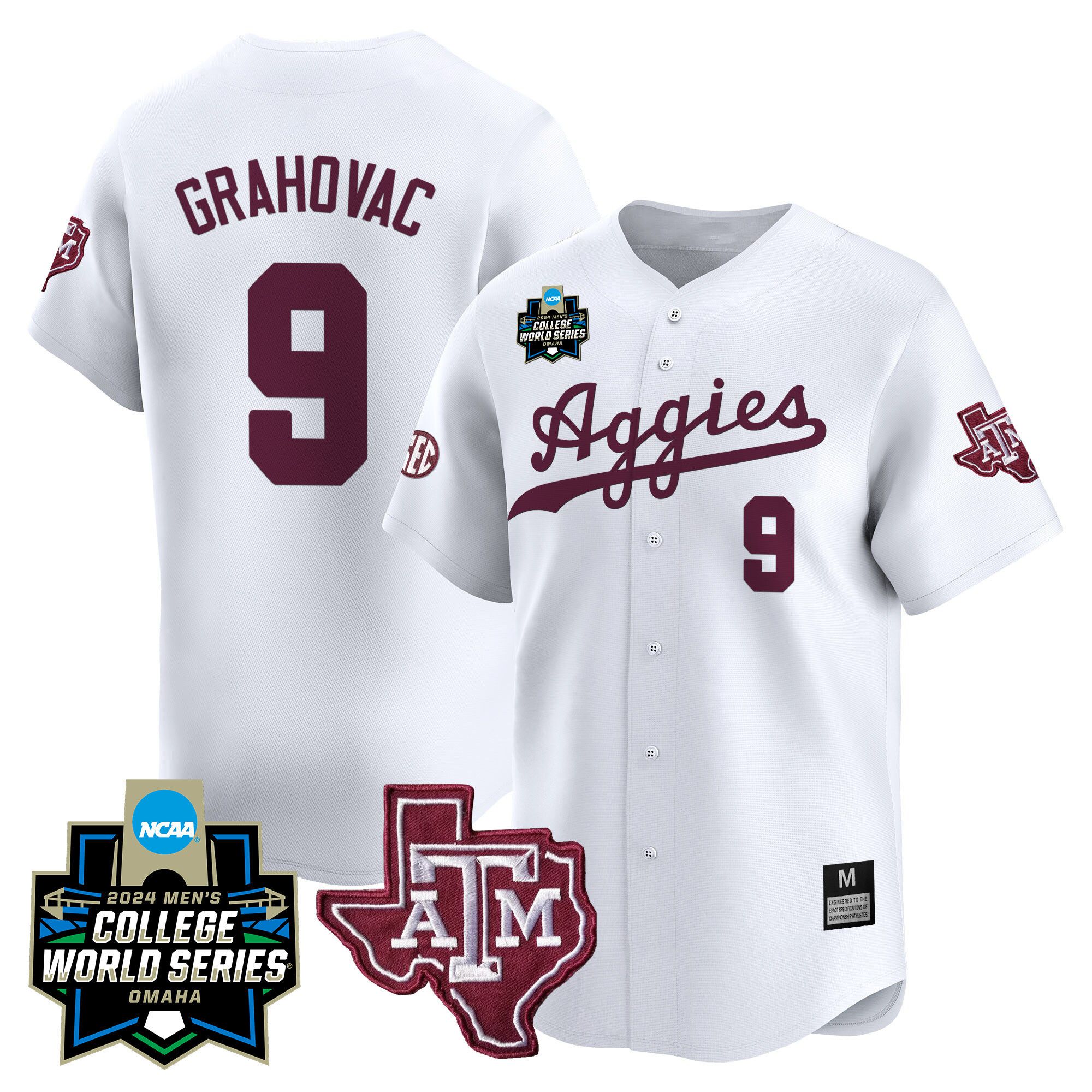 Men Texas A&M Aggies #9 Grahovac White 2024 College World Series Vapor Premier Limited NCAA Jersey